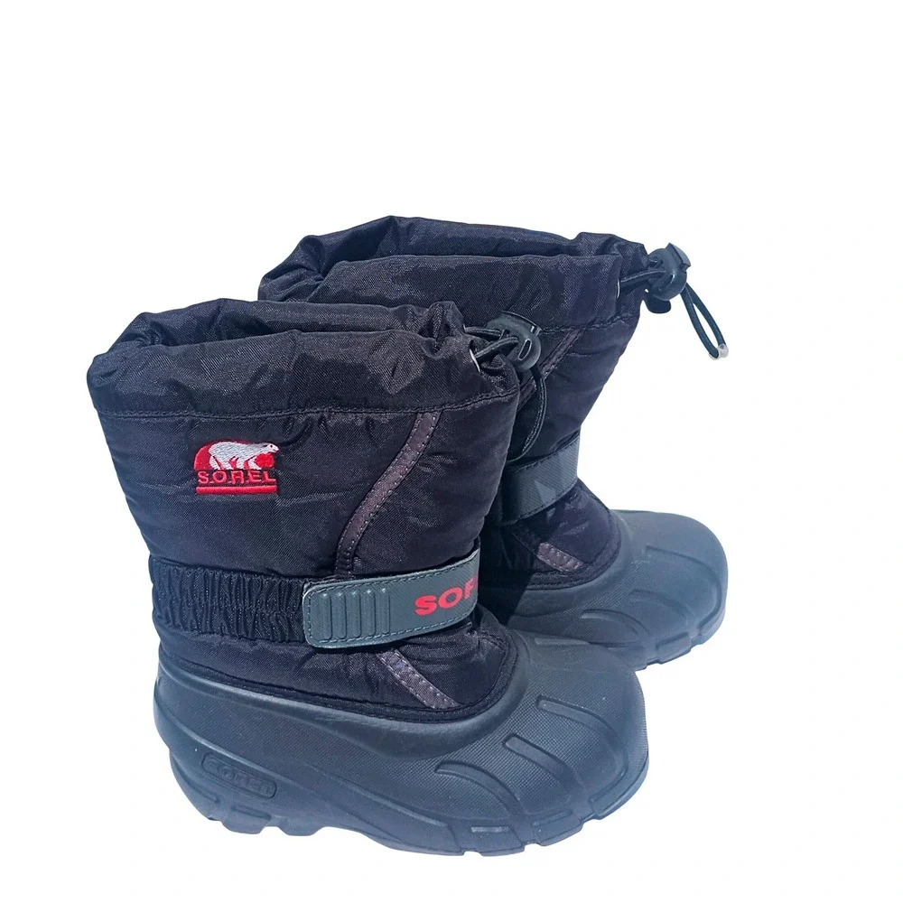 Sorel Flurry Black Red Kids Snow Boots Waterproof Insulated 10 Winter Outdoor